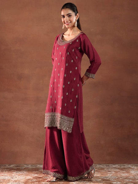 Women Floral Embroidered Sequinned Straight Kurta with Palazzos & Dupatta Set VitansEthnics
