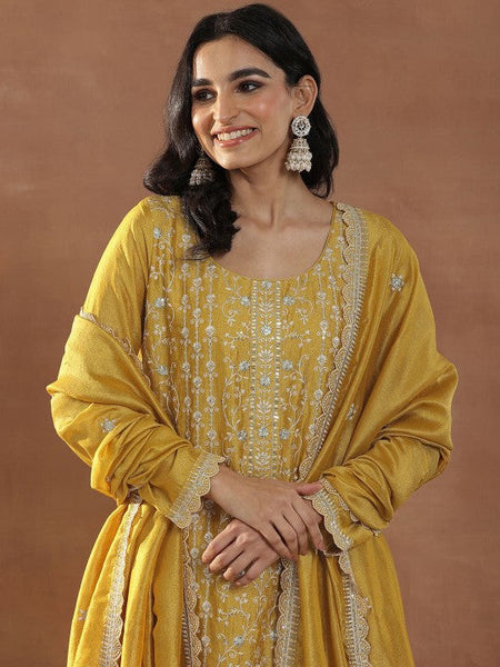 Women Mustard Yellow Floral Embroidered Sequinned Straight Kurta With Trousers & Dupatta Set VitansEthnics