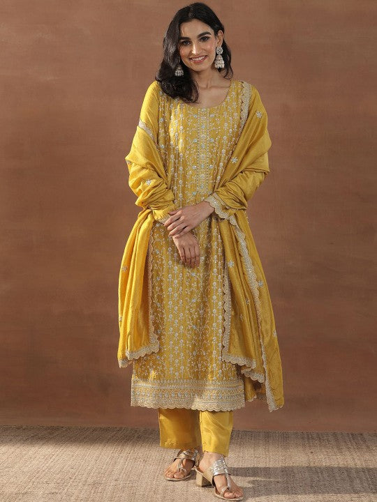 Women Mustard Yellow Floral Embroidered Sequinned Straight Kurta With Trousers & Dupatta Set VitansEthnics