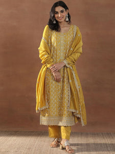 Women Mustard Yellow Floral Embroidered Sequinned Straight Kurta With Trousers & Dupatta Set VitansEthnics
