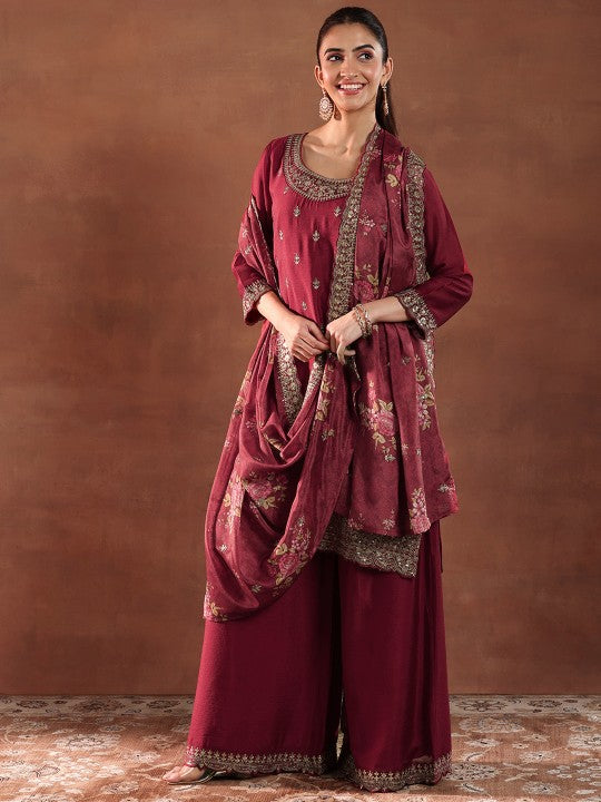 Women Floral Embroidered Sequinned Straight Kurta with Palazzos & Dupatta Set VitansEthnics