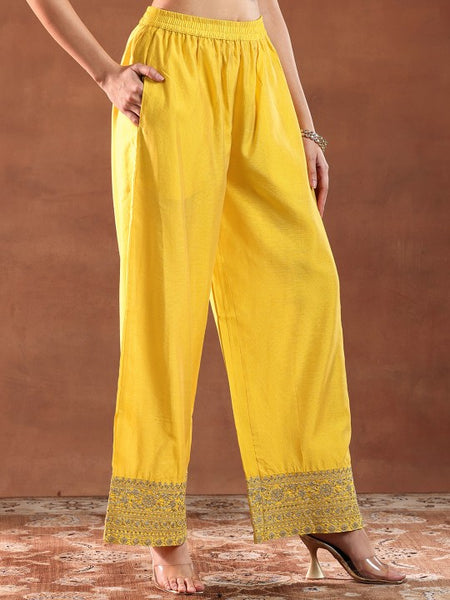 Yellow Ethnic Motifs Woven Design Chanderi Silk A-Line Kurta with Palazzo & Dupatta