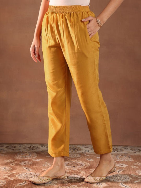 Women Floral Printed V-Neck Thread Work Silk Kurta With Trousers & Dupatta