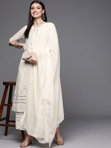 Women Off White Floral Mirror detail Cotton Straight Kurta & Palazzos with Dupatta Set VitansEthnics