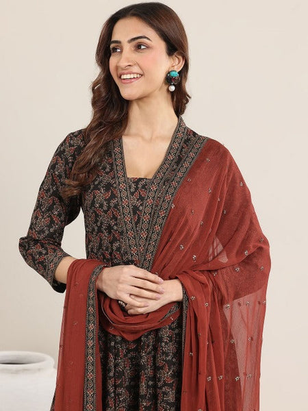 Women Floral Printed V-Neck A-LIne Kurta With Trousers And Dupatta Set VitansEthnics