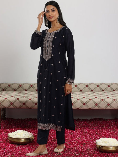 Navy Blue Floral Embroidered Sequinned Straight Kurta with Trouser & Dupatta