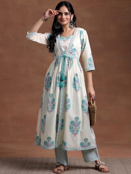 Women Square Neck Floral Printed Pleated Pure Cotton A Line Kurta with Trouser VitansEthnics