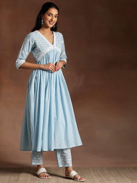 Women Blue Paisley Embroidered V-Neck Flared Thread Work Pure Cotton A-Line Kurta Set VitansEthnics