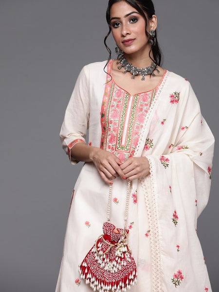 Women Off White & Pink Cotton Floral Thread Work Kurta with Palazzos & Dupatta Set