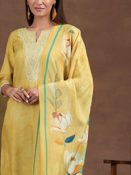 Women Floral Yoke Design Thread Work Notch Neck Straight Kurta with Trousers & Dupatta Set VitansEthnics