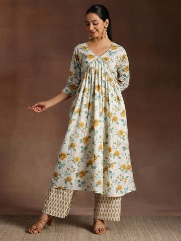 Women Floral Printed Pleated Gotta Patti Pure Cotton A-Line Kurta With Palazzos Set VitansEthnics