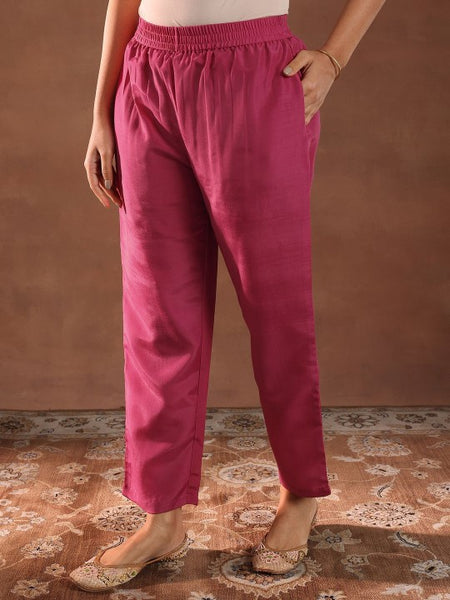 Women Floral Printed V-Neck Thread Work Silk Kurta With Trousers & Dupatta