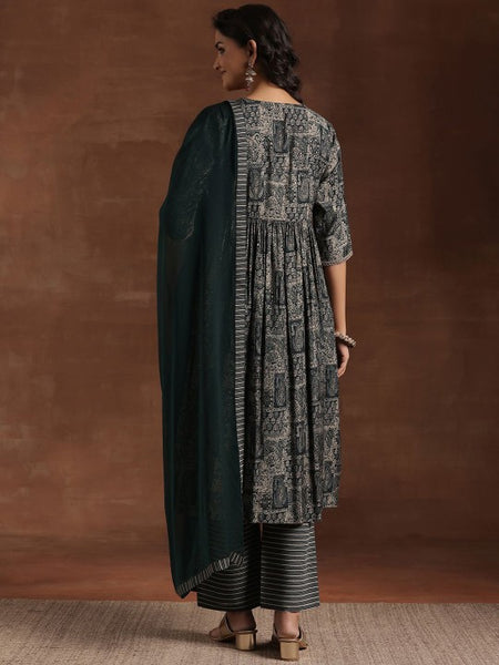Women Ethnic Motifs Embroidered Pleated A-Line Kurta With Trouser & Dupatta