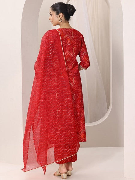 Women Red Bandhani Printed Thread Work Straight Kurta With Trousers & Dupatta Set VitansEthnics