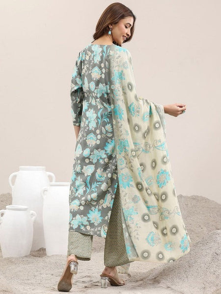 Floral Printed Thread Work Round Neck Straight Kurta With Trousers & Dupatta Set VitansEthnics