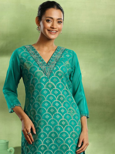 V-Neck Woven Design Zari Straight Kurta with Trouser & Dupatta Set