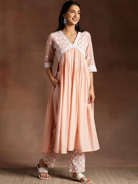 Women Peach Ethnic Motifs Embroidered V-Neck Thread Work Pure Cotton A-Line Kurta Set VitansEthnics