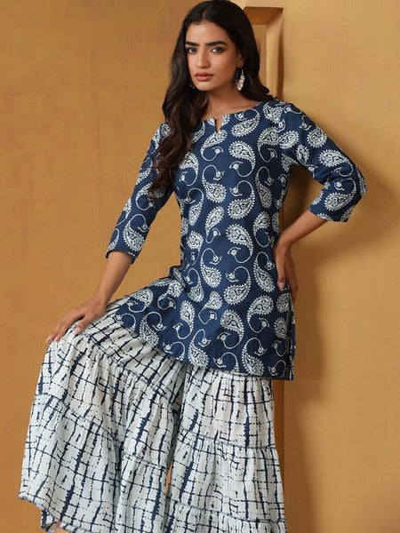 Women Paisley Printed Cotton Kurta with Sharara Set VitansEthnics