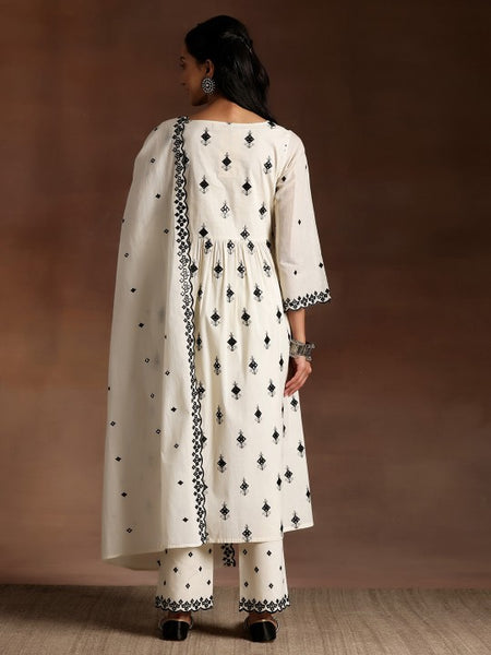 Floral Embroidered Pleated Thread Work Pure Cotton Kurta With Trousers & Dupatta Set