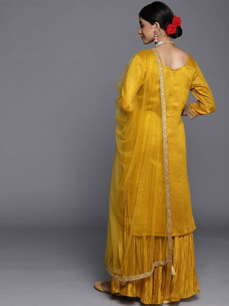 Women Floral Embroidered Sequinned Scoop Neck Straight Kurta With Sharara And Dupatta VitansEthnics