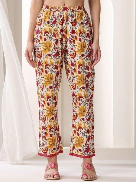 Floral Printed V-Neck Pure Cotton Straight Kurta With Trousers & Dupatta Set VitansEthnics