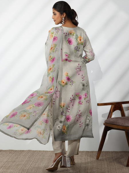 Women Floral Printed V-Neck Thread Work Kurta With Trousers & Dupatta Set
