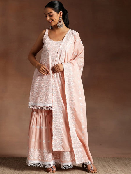 Women Ethnic Motifs Embroidered Sequinned Pure Cotton Kurta with Sharara & Dupatta Set VitansEthnics
