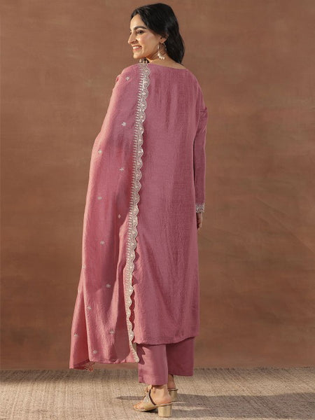 Pink Floral Embroidered Sequinned Straight Kurta With Trousers & Dupatta