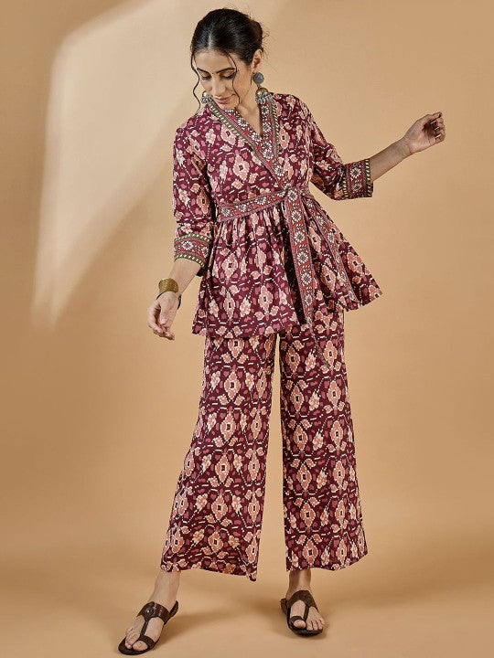 Women Ethnic Printed Pure Cotton Tunic With Trousers Set VitansEthnics