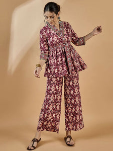 Women Ethnic Printed Pure Cotton Tunic With Trousers Set VitansEthnics