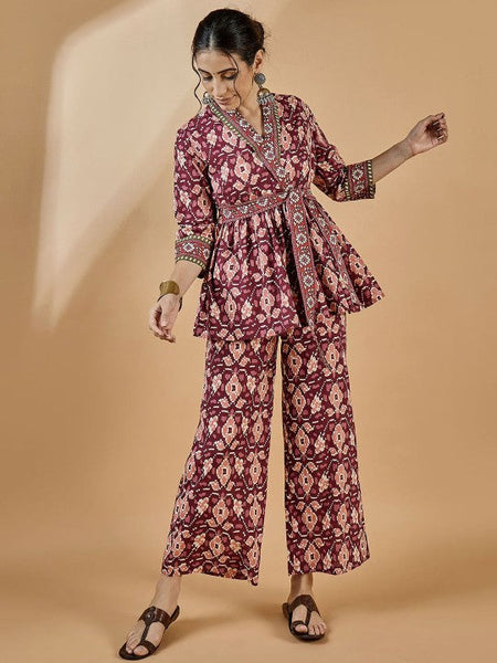 Women Ethnic Printed Pure Cotton Tunic With Trousers Set VitansEthnics