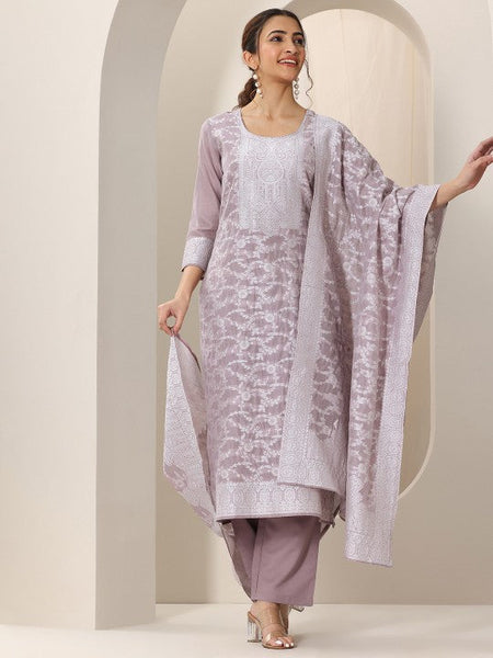 Women Floral Thread Work Chanderi Silk Regular Kurta with Trousers & Dupatta Indian Suit Set VitansEthnics