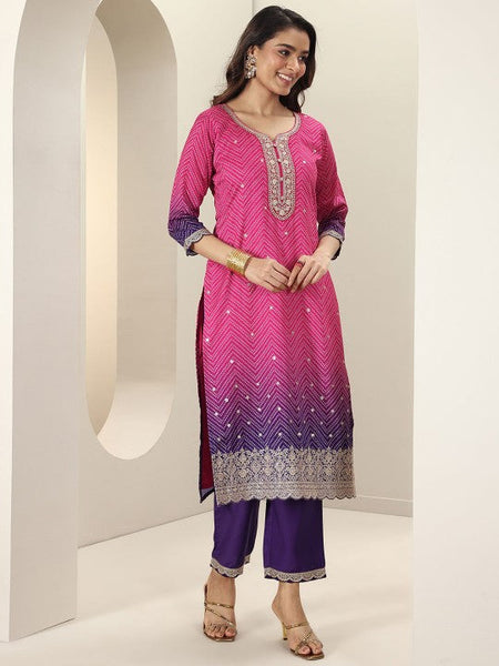 Women Bandhani Printed Regular Zari Work Kurta with Trousers & Dupatta Indian Suit Set VitansEthnics