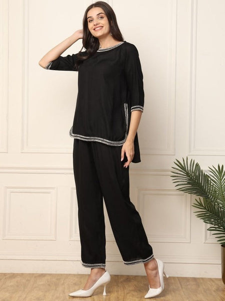 Women Round Neck High Low Top & Trousers Co-Ords Set VitansEthnics