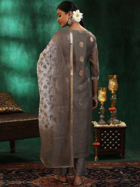Women Grey Ethnic Motifs Regular Sequinned Kurta with Trousers & With Dupatta Set VitansEthnics