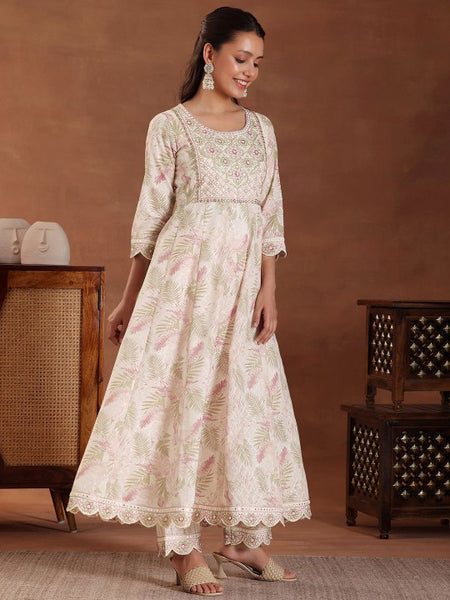 Women Floral Printed Panelled Thread Work Pure Cotton Kurta with Trousers & With Dupatta