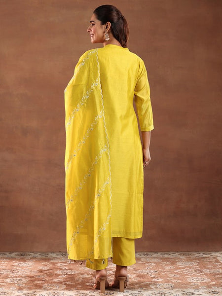 Floral Yoke Design Thread Work Chanderi Silk Straight Kurta With Trouser & Dupatta