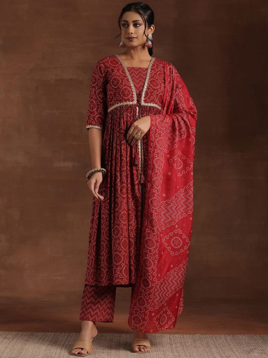 Women Bandhani Printed Pleated Gotta Patti A-Line Kurta with Trousers & Dupatta