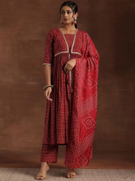 Women Bandhani Printed Pleated Gotta Patti A-Line Kurta with Trousers & Dupatta