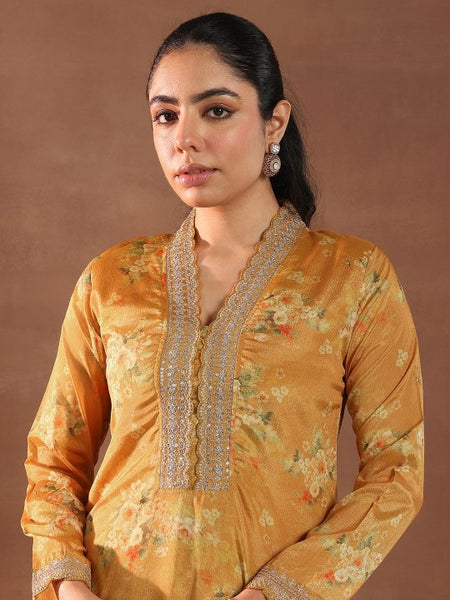 Women Floral Printed V-Neck Thread Work Silk Kurta With Trousers & Dupatta
