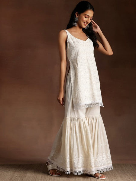 Women Ethnic Motifs Embroidered Thread Work Pure Cotton Kurta With Sharara & Dupatta Set VitansEthnics