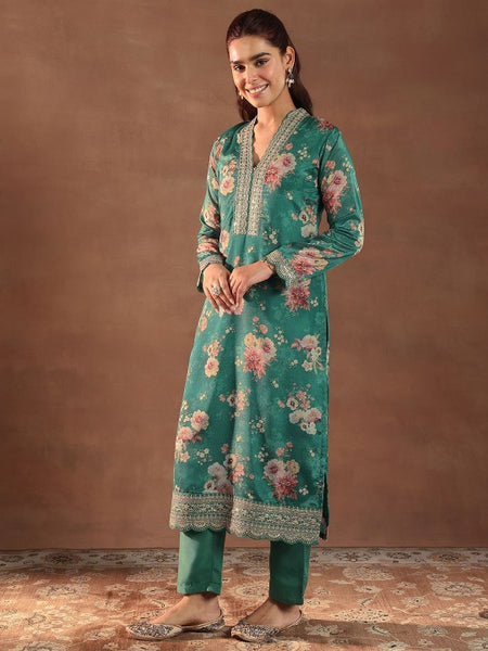 Women Floral Printed V-Neck Thread Work Silk Kurta With Trousers & Dupatta