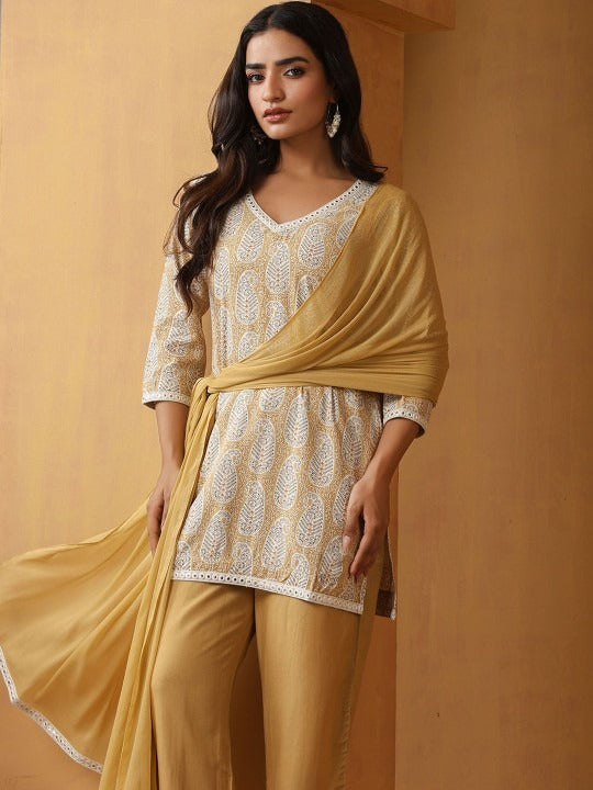Women Paisley Printed Pure Cotton Straight Kurta With Palazzo And Dupatta Set VitansEthnics