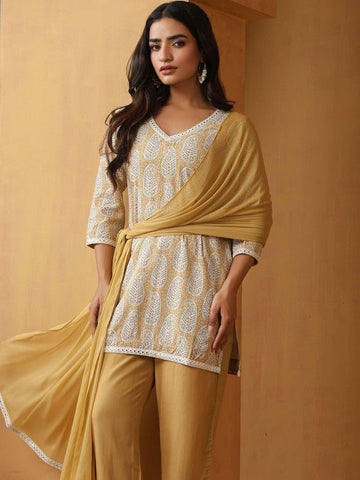 Women Paisley Printed Pure Cotton Straight Kurta With Palazzo And Dupatta Set VitansEthnics