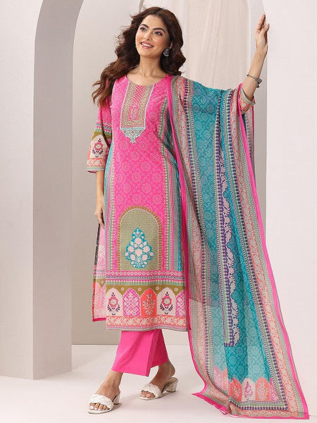 Women Ethnic Motifs Printed Round Neck Straight Kurta with Trousers & Dupatta Set VitansEthnics
