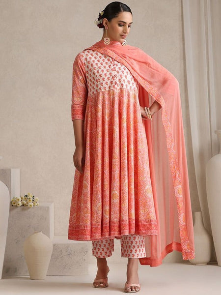 Women Floral Printed Mandarin Collar Pure Cotton Anarkali Kurta & Palazzos & Dupatta VitansEthnics
