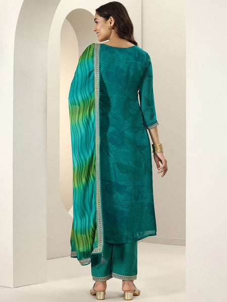 Women Floral Embroidered Regular Silk Chiffon Kurta with Trousers & With Dupatta Indian Suit Set VitansEthnics