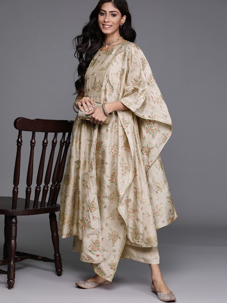 Women Beige Floral Printed Regular Kurta with Palazzos & With Dupatta Set