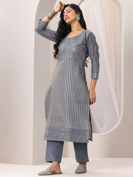 Women Floral Zari Woven Design Chanderi Silk Straight Kurta With Trousers & Dupatta Set VitansEthnics