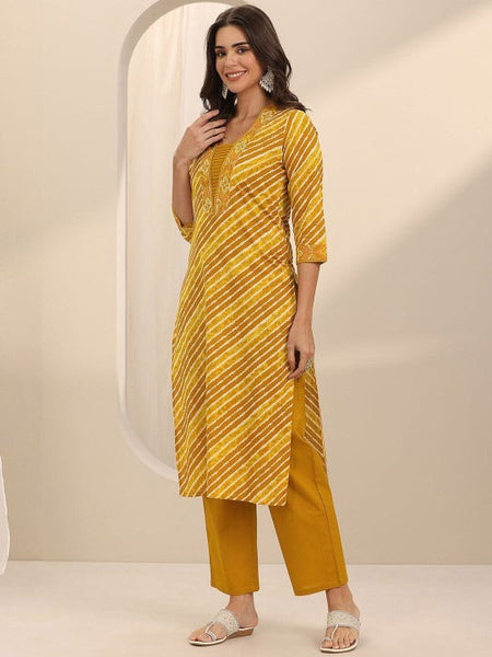 Women Leheriya Printed Regular Beads and Stones Kurta with Trousers & With Dupatta Set VitansEthnics